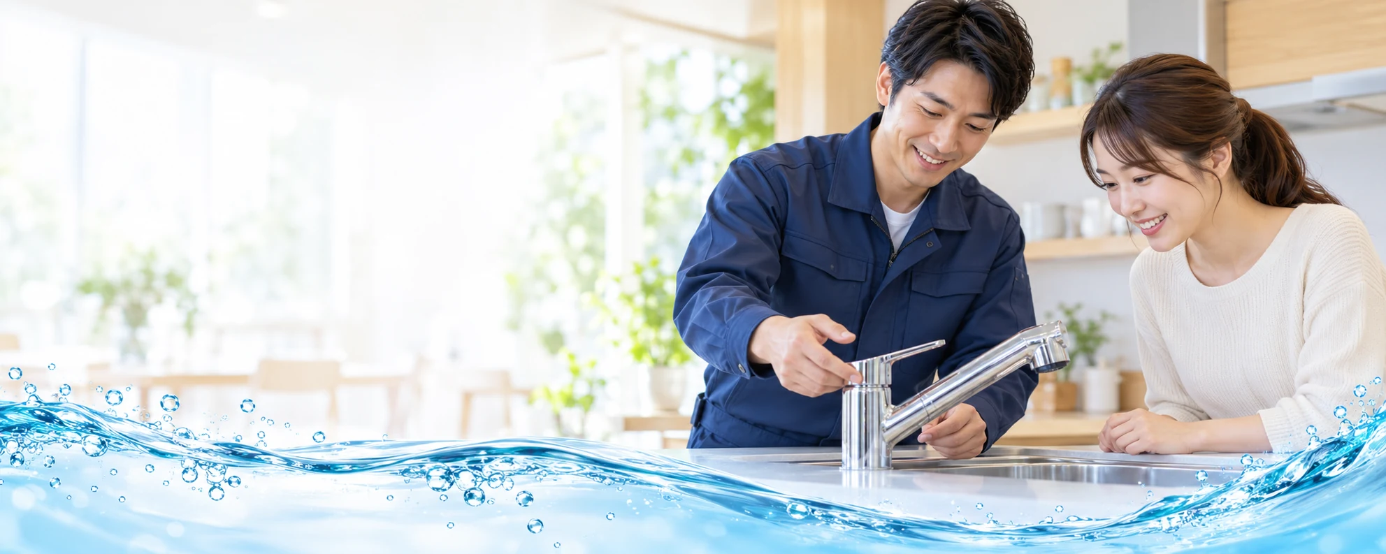 キッチンで水栓について説明する作業員と相談する女性のイメージ
